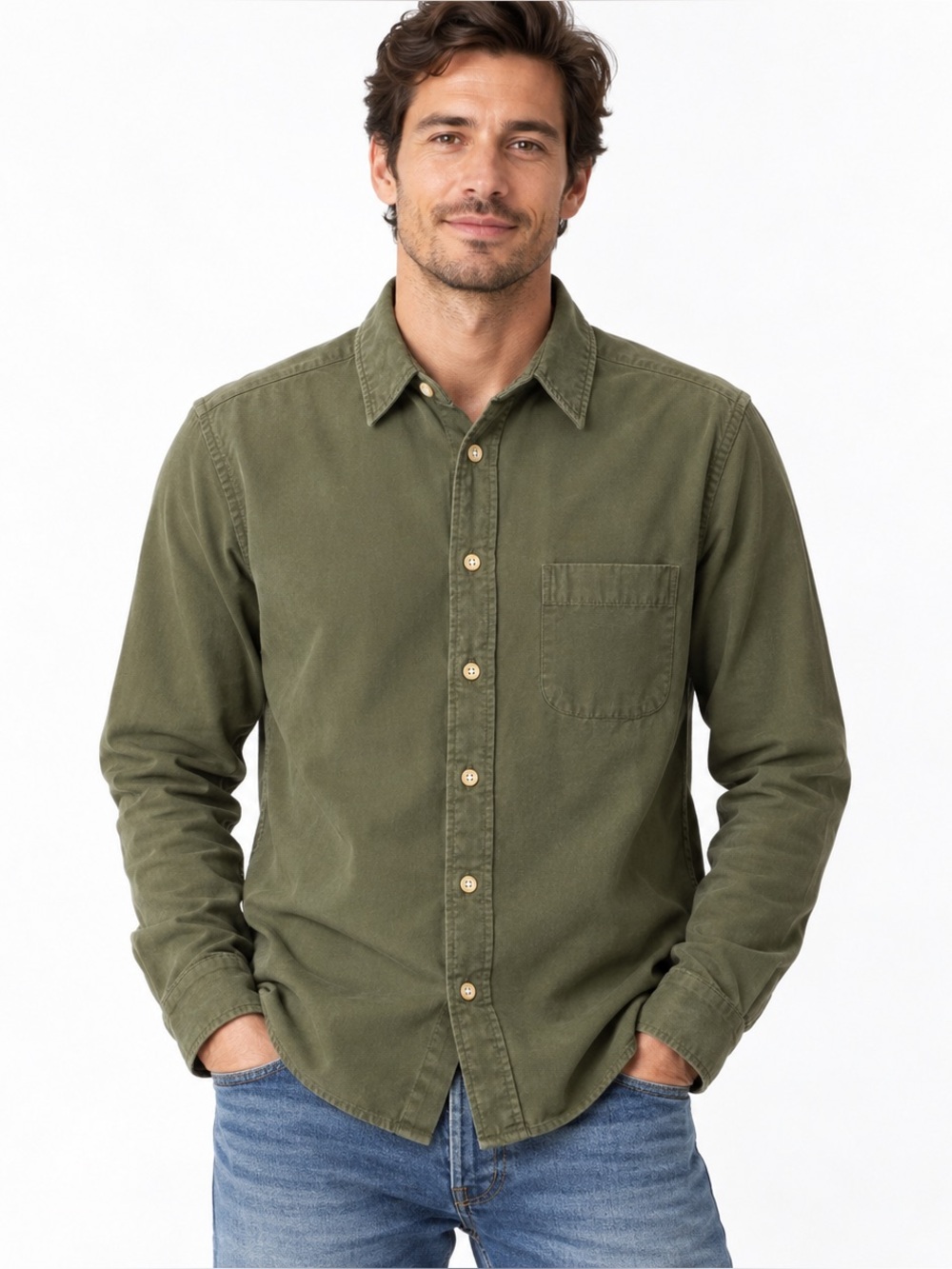 Taylor Stitch Olive Green Cotton Button-Up Shirt Made in Portugal Size 40 Medium